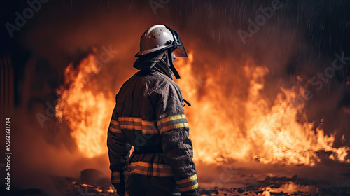 firefighter watching the fire, cinematic and professional shot, character centered, fire background, AI