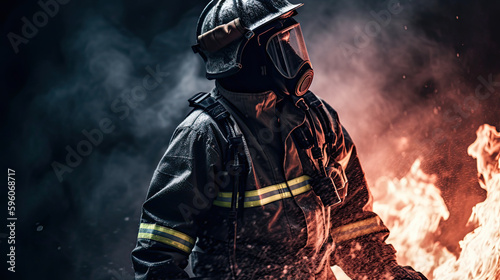 fireman in action  cinematic and professional studio shot  character centered  dark and smoke background  AI