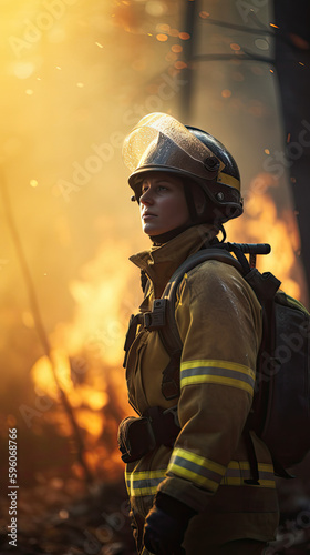 Female Firefighter on a Mission to Protect Forest and Community, upright , pride and orange blur background, AI