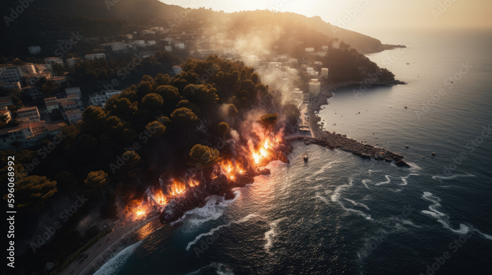 Aerial photography of mediterranean wildfire near seaside town in southern France, fire danger, cinematic view and light, lens flare sunset, AI 