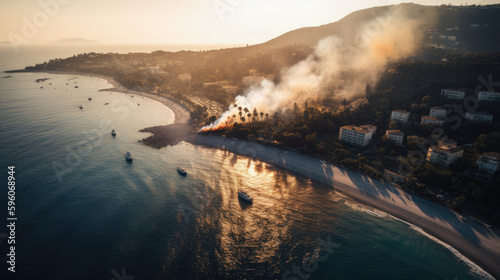 Fire view from sky  wide beach  smoke residential area  dramatic panorama in sunset  AI