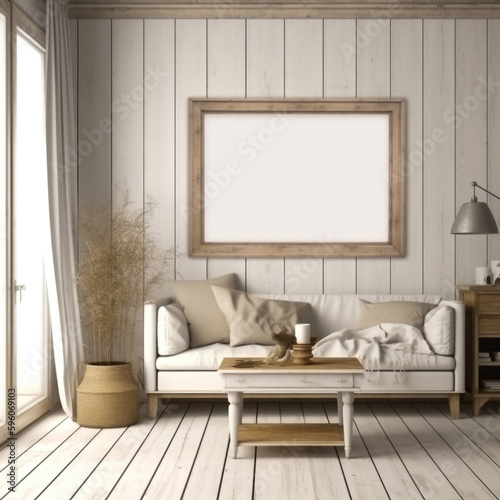realistic mock up panorama picture frame in rustic house  Generative Ai