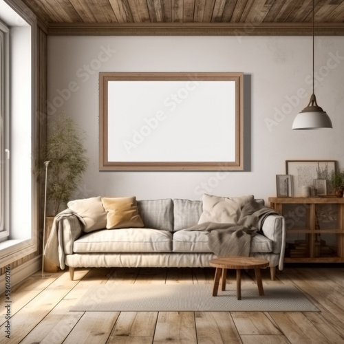 realistic mock up panorama picture frame in rustic house, Generative Ai © Ivy