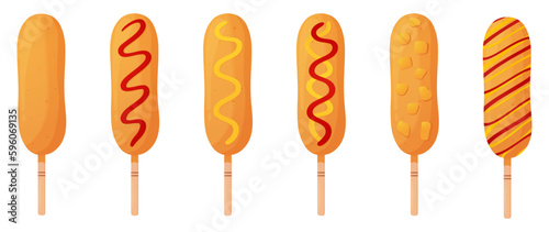 Big set of Corn dogs. Sausage in dough on a stick with and without condiments. American or Korean street food. Detailed flat illustration. Fastfood concept. Isolated on a white background.