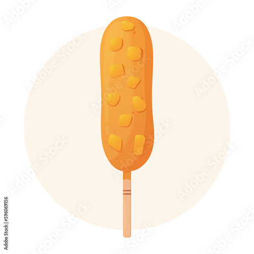 Corn dog with sweet potato or cheese. Sausage in dough on a stick. American or Korean street food. Detailed flat illustration. Fastfood concept. photo