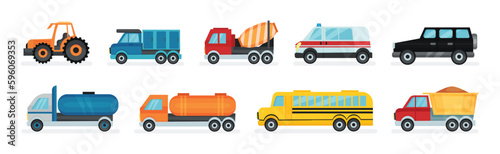 Tractor, Cement Truck, Ambulance, School Bus and Dump Truck as Cars and Wheeled Motor Vehicle Vector Set