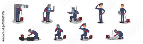 Man Welder in Welding Helmet and Protective Equipment Fusing Materials Together Vector Illustration Set