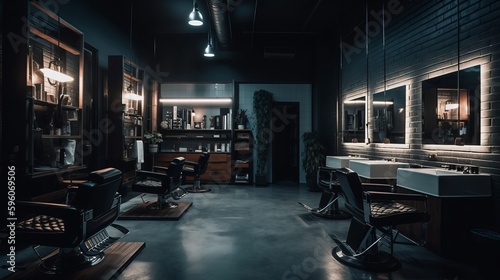 Modern barbershop interior, mens space. AI generated