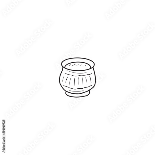 Bowl with sauce, soup in hand made clay bowl in black isolated white background. Hand drawn vector sketch illustration in doodle engraved vintage doodle style. Tasty delicious food ukrainian cuisine.