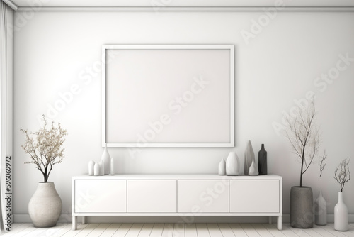 realistic mockup panorama picture frame in white contemporary house, Generative Ai