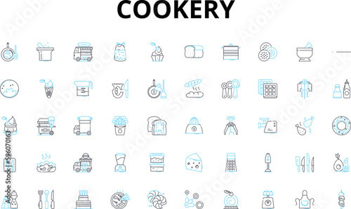 Cookery linear icons set. Spices, Recipe, Flavors, Baking, Seasoning, Fry, Grilled vector symbols and line concept signs. Sauteed,Roasted,Simmer illustration