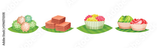 Arabic Sweets Served on Green Leaf Vector Set