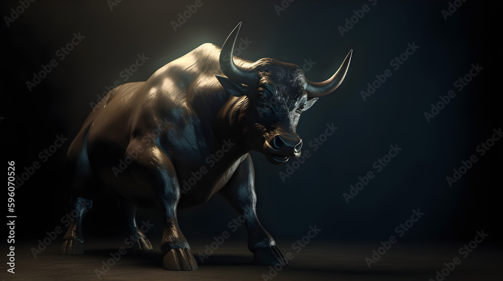 Bullish stock market angry bull statue rendering.