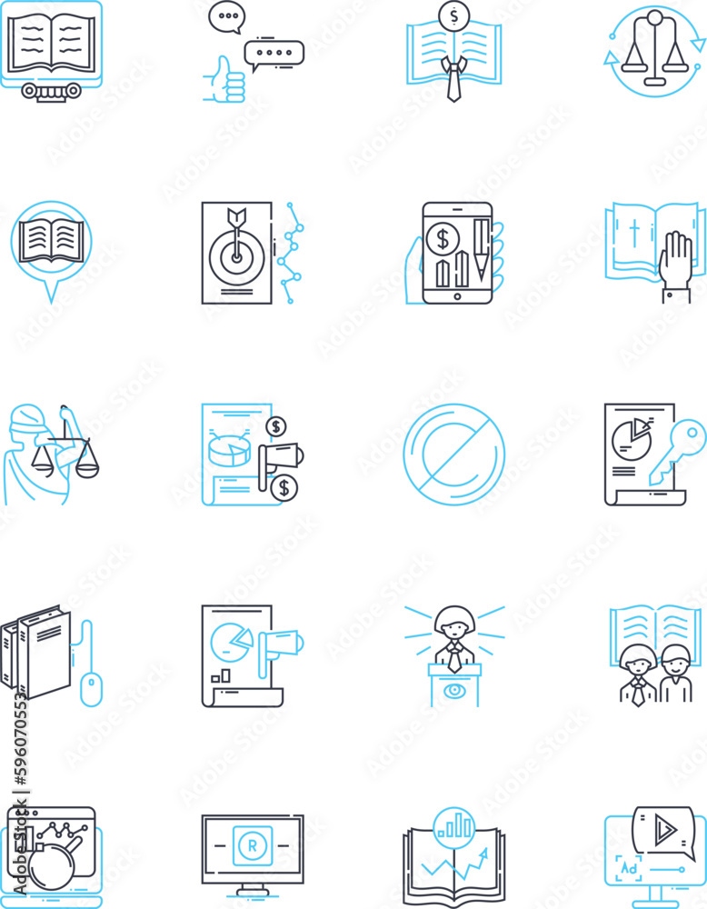 Intellectual property linear icons set. Copyright, Patent, Trademark, Infringement, Ownership, License, Royalty line vector and concept signs. Trade secret,Piracy,Protection outline illustrations