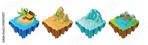 Floating Game Islands with Treasure Chest, Desert, Iceberg and Pond Vector Set