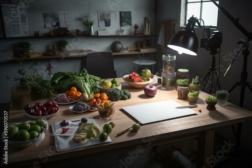 Workspace of a dietitian with produce, veggies, and measuring tape on the table. Generative AI