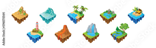 Floating Game Islands with Palm, Lava, Lighthouse and Waterfall Vector Set