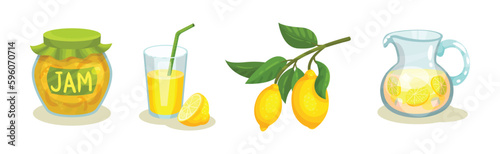 Lemon Food with Citrus Fruit, Jam and Lemonade Vector Set
