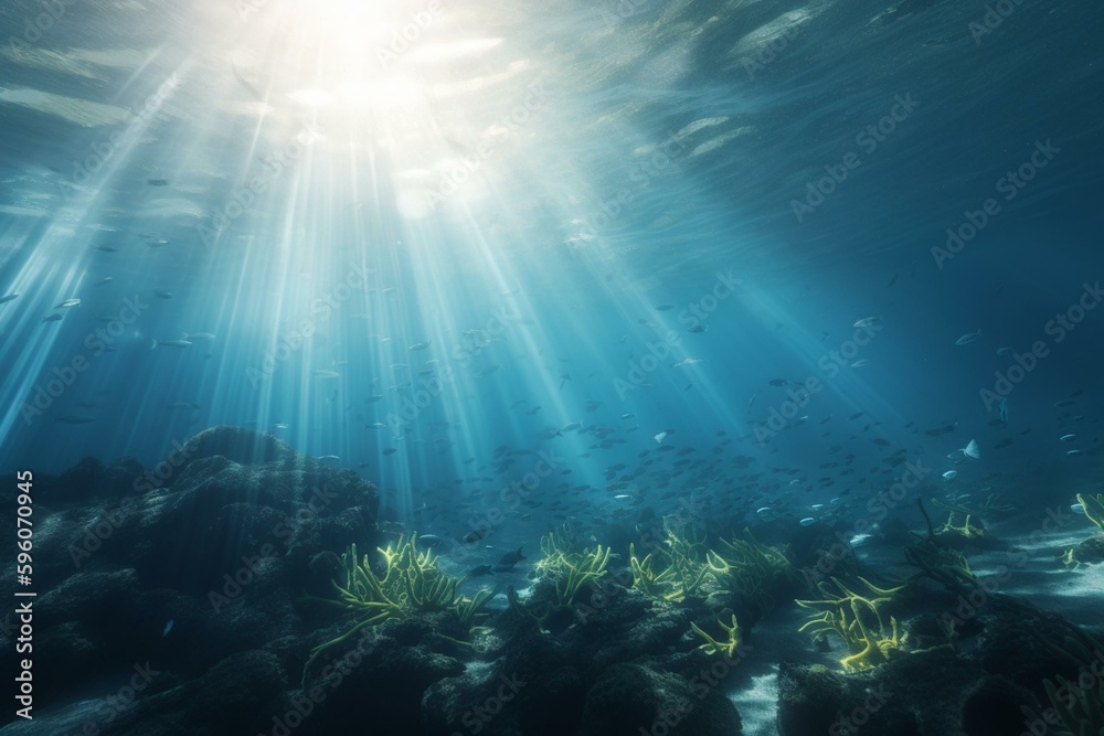 3D illustration of underwater light rays. Generative AI