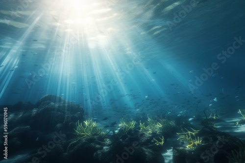 3D illustration of underwater light rays. Generative AI