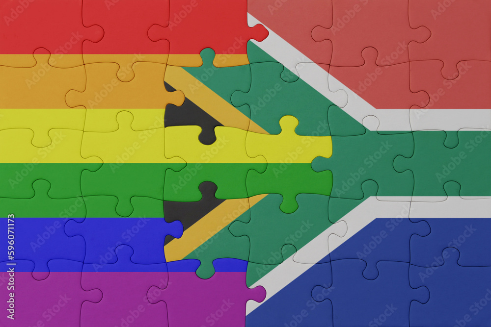 puzzle with the flag of rainbow gay pride and south africa . macro.concept.