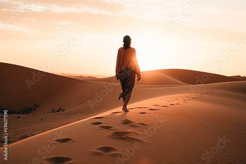 A women with summer clothes Walking alone on the desert at sunset