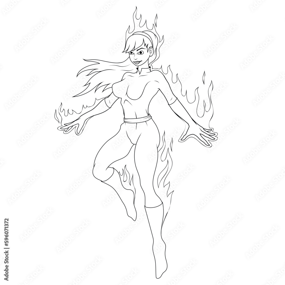 Fire girl. Vector illustration of a sketch beautiful mystical woman. Flying superheroine