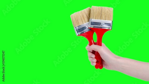 Hand holding paint brushes isolation, green screen background