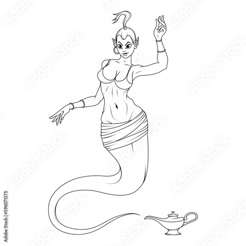 Genie girl. Vector illustration of a sketch woman with lamp. Flying superheroine