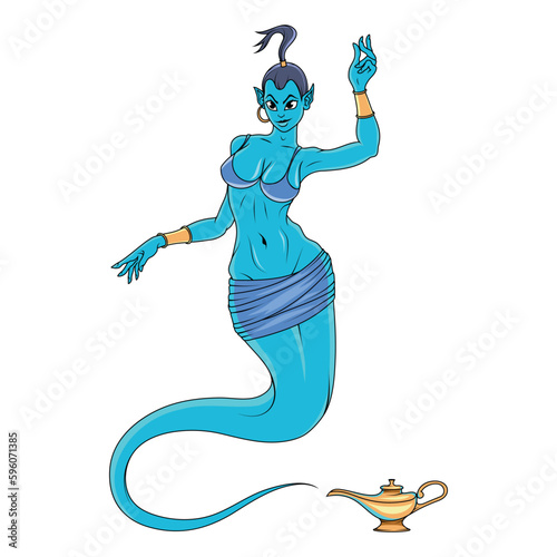 Genie girl. Vector illustration of a woman with lamp. Flying superheroine