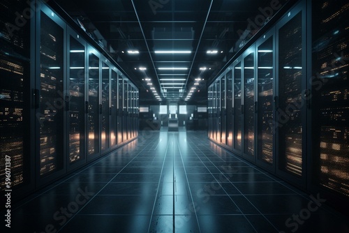 Data center with digital interface. A rendered room of servers. Generative AI