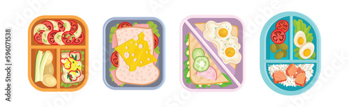 Plastic Lunch Boxes or Trays with Food in Different Sections Vector Set