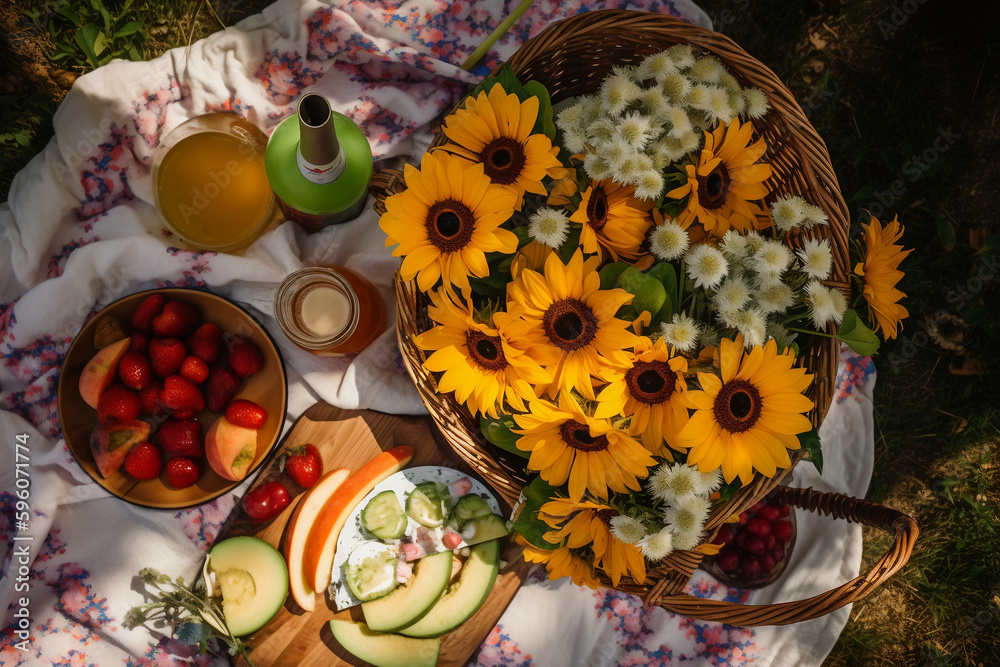 A vibrant bouquet of sunflowers and daisies on a picnic blanket in a park, with a wicker basket filled with fruit and cheese nearby