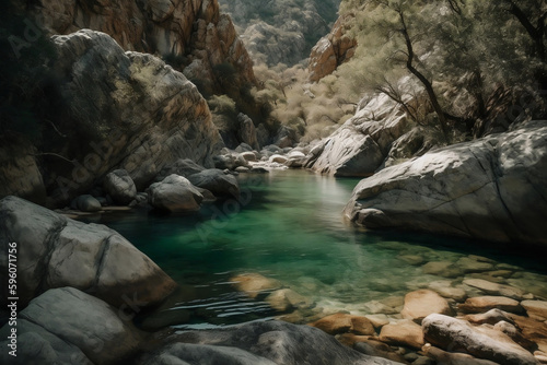 A tranquil river with calm waters flowing through a rocky canyon