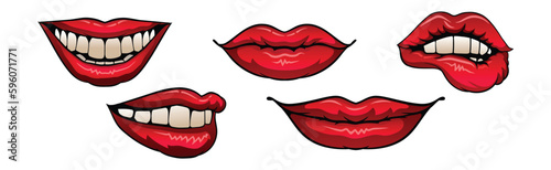 Red Upper and Lower Lips Closed and Showing Teeth in Smile Vector Set
