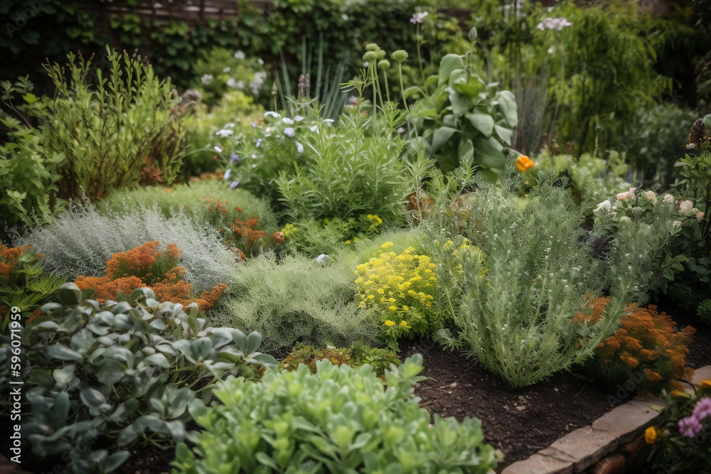 Fototapeta premium A colorful and fragrant herb garden, with basil, thyme, and rosemary visible in the foreground