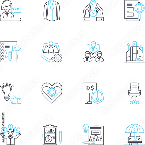Liability insurance linear icons set. Coverage, Protection, Risk, Coverage limits, Claims, Insurance policy, Damages line vector and concept signs. Premiums,Compensation,Negligence outline