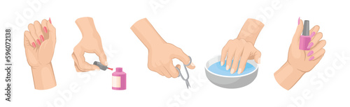 Female Hands Manicure with Nail Scissors and Lacquer Vector Set