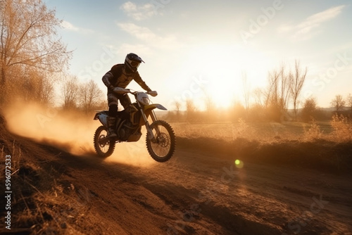 Low angle view of Enduro motocross rider jumping high up off-road at sunset. Copy space Generative AI