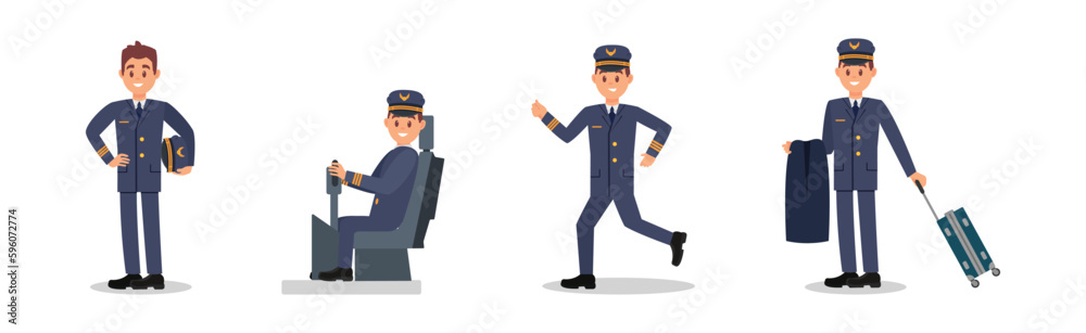 Man Aircraft Pilot Wearing Professional Blue Uniform and Cap Vector Illustration Set