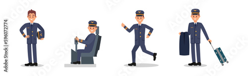 Man Aircraft Pilot Wearing Professional Blue Uniform and Cap Vector Illustration Set