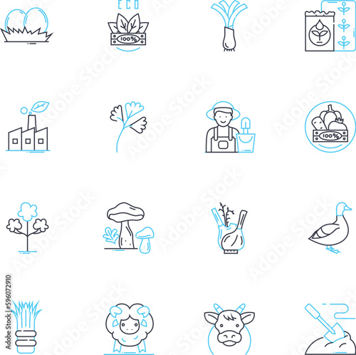 Organic gardening linear icons set. Composting, Permaculture, Soil, Fertilizers, Mulch, Greenhouse, Garden bed line vector and concept signs. Natural,Pesticides,Weeding outline illustrations