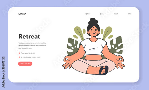 Retreat web banner or landing page. Female character doing yoga