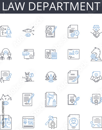 Law department line icons collection. Training center, Research wing, Health clinic, Secretariat office, Marketing team, Sales division, Human resources vector and linear illustration. Communication