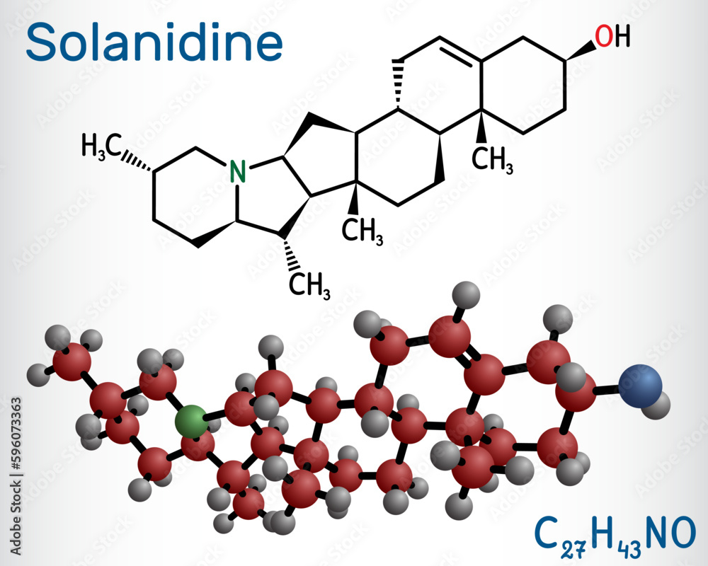 Solanidine molecule. It is poisonous steroidal alkaloid, plant metabolite, toxin. Structural chemical formula and molecule model.