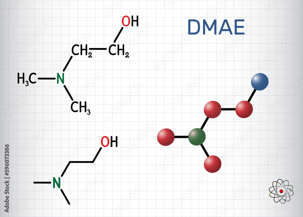Dimethylethanolamine, dimethylaminoethanol, DMAE, DMEA molecule. It is tertiary amine, curing agent, radical scavenger. Structural formula, molecule model. Sheet of paper in a cage Dimethylethanolamine, dimethylaminoethanol, DMAE, DMEA molecule. It is tertiary amine, curing agent, radical scavenger. Structural formula, molecule model. Sheet of paper in a cage