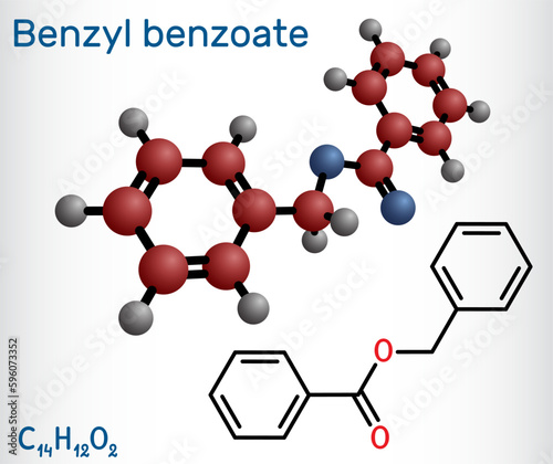 Benzyl benzoate molecule. It is topical treatment for scabies and lice. Structural chemical formula, molecule model. photo