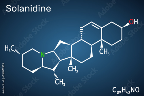 Solanidine molecule. It is poisonous steroidal alkaloid, plant metabolite, toxin. Structural chemical formula on the dark blue background.