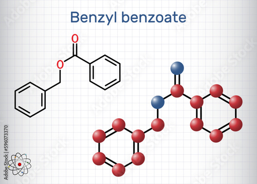 Benzyl benzoate molecule. It is topical treatment for scabies and lice. Structural chemical formula, molecule model. Sheet of paper in a cage photo