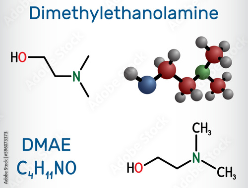 Dimethylethanolamine, dimethylaminoethanol, DMAE, DMEA molecule. It is tertiary amine, curing agent and a radical scavenger. Structural chemical formula, molecule model.